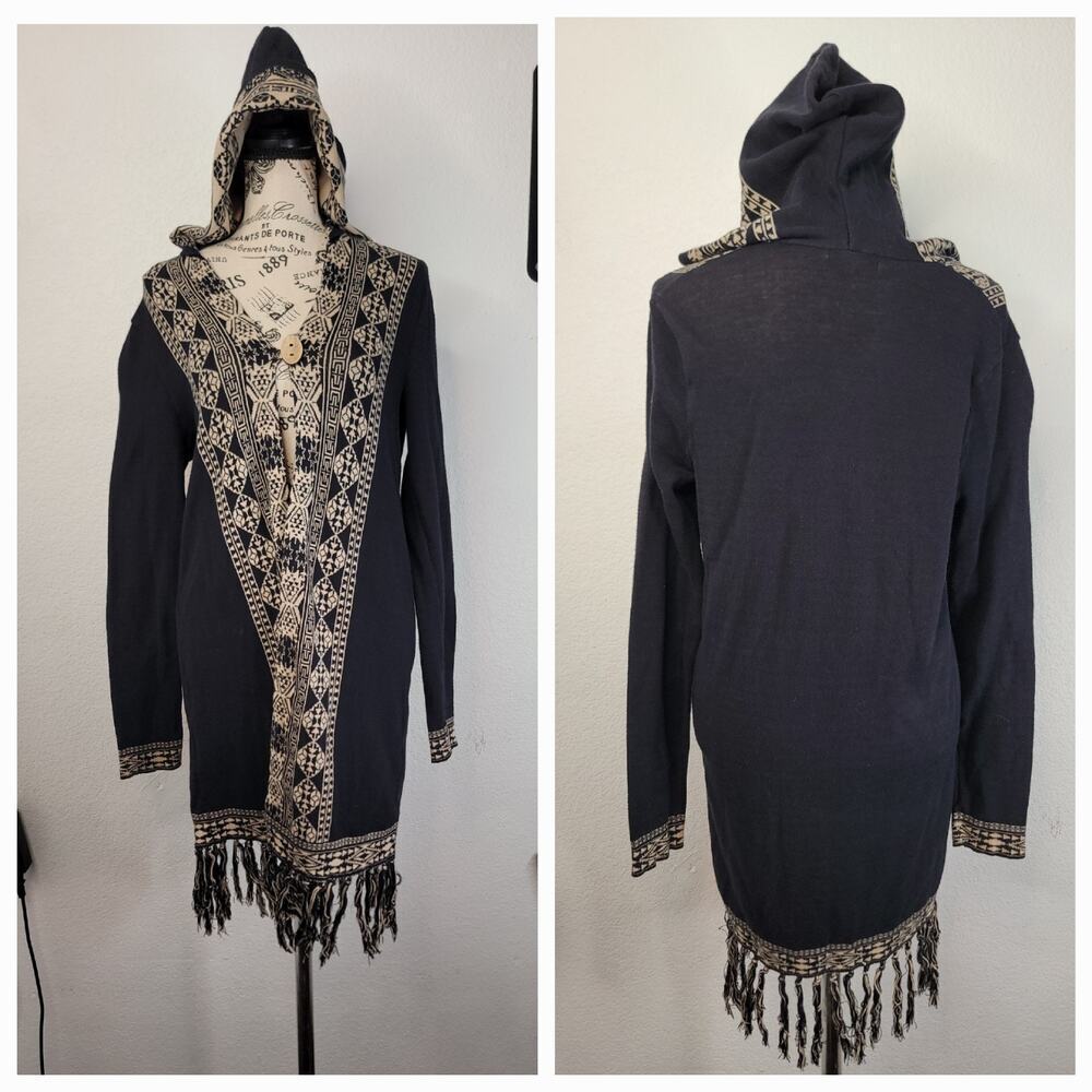 Lucky Brand Hooded Diamond Patterned Cardigan Small Boho Sweater Fringe Tassel